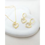 Conjunto Colar E Argola Coração Metade Cravejada em Zircônias Banhado a Ouro 