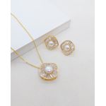 Conjunto Colar e Brinco e Zircônias e Pérola Banhado a Ouro 