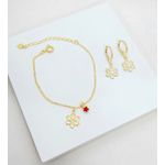 Conjunto Infantil Pulseira e Brinco de Argola Flor Banhado a Ouro 