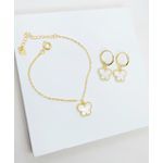 Conjunto Infantil Pulseira e Brinco de Argola Borboleta Branca Banhado a Ouro