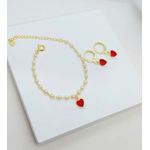 Conjunto Infantil Pulseira Pérola e Brinco de Argola Coração Banhado a Ouro