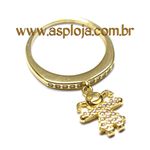 Anel Meia Aliança Ouro 18K Com Berloque Menina Cravejada 27 Diamantes 1,0 Ponto