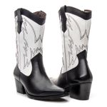 BOTA TEXANA CANO MÉDIO FEMININA COURO PRETO E BRANCO