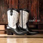 BOTA TEXANA CANO MÉDIO FEMININA COURO PRETO E BRANCO