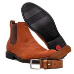 KIT BOTA CHELSEA E CINTO COURO NOBUCK AVELUDADO CARAMELO.