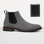 Botina Chelsea Masculina Couro Legítimo Nobuck + Carteira - Cinza