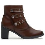Bota Feminina com Salto Alto Couro Ecológico Detalhes Tiras Fivela e Zíper - Café