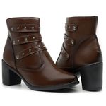 Bota Feminina com Salto Alto Couro Ecológico Detalhes Tiras Fivela e Zíper - Café