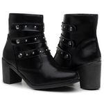 Bota Feminina com Salto Alto Couro Ecológico Detalhes Tiras Fivela e Zíper - Preto