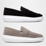 Kit 2 Mocassim Masculino Loafer Derby em Camurça - Preto/Branco + Cinza