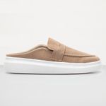 Mule Masculino Sola Alta Loafer Derby em Camurça - Bege