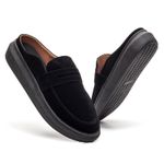 Mule Masculino Sola Alta Loafer Derby em Camurça - Preto/Preto