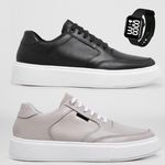 2 Tenis Masculino Casual Sola Reta Leve e Confort + Relógio Digital - Preto/Branco + Cinza