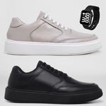 2 Tenis Masculino Casual Sola Reta Leve e Confort + Relógio Digital - Cinza + Preto/Preto
