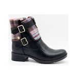 Coturno feminino de couro preto e estampa xadrez 9105