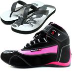 Tênis motociclista feminino em nobuck na cor rosa com preta e chinelo Atron + 310