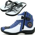 Bota semi impermeável motociclista em couro legítimo azul e branco 271 com chinelo estampado
