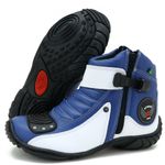 Bota semi impermeável motociclista em couro legítimo azul e branco 271 com chinelo estampado