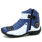 Bota semi impermeável motociclista em couro legítimo azul e branco 271 com chinelo estampado