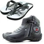 Bota para motociclista em couro legítimo cinza e preto 271 com chinelo estampado