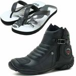 Bota motociclista preta de couro legítimo 271 semi impermeável com chinelo Atron estampado