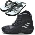 Bota motociclista em couro legítimo semi impermeável com refletivo e chinelo estampado Atron 279