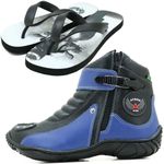 Bota preta e azul motociclista em couro legítimo masculina 271 com chinelo