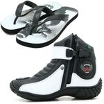 Coturno bota motociclista em couro legítimo preto e branco unissex 271 com chinelo Atron estampado