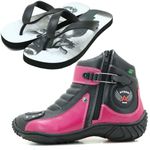 Bota feminina motociclista esportiva pink e preto em couro legítimo 271 com chinelo