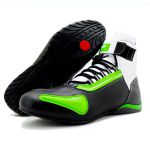 Sapatilha para kart preto branco e verde cano alto em couro legítimo 311 com chinelo de estampa motociclista