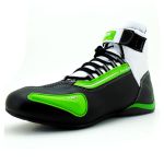 Sapatilha para kart preto branco e verde cano alto em couro legítimo 311 com chinelo de estampa motociclista