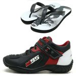 TÊNIS MOTOCICLISTA AS95 DE COURO LEGÍTIMO NA COR PRETA COM VERMELHO E BRANCO 403 KIT CHINELO