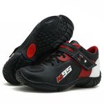 TÊNIS MOTOCICLISTA AS95 DE COURO LEGÍTIMO NA COR PRETA COM VERMELHO E BRANCO 403 KIT CHINELO