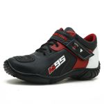 TÊNIS MOTOCICLISTA AS95 DE COURO LEGÍTIMO NA COR PRETA COM VERMELHO E BRANCO 403 KIT CHINELO