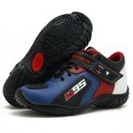 TÊNIS MOTOCICLISTA AS95 DE COURO LEGÍTIMO NAS CORES AZUL BRANCO E VERMELHO 403 KIT CHINELO