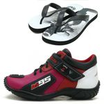 TÊNIS MOTOCICLISTA AS95 DE EM COURO LEGÍTIMO NAS CORES ROSA BRANCO E VERMELHO 403 KIT CHINELO