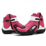 BOTA MOTOCICLISTA FEMININA EM COURO LEGÍTIMO NAS CORES ROSA COM BRANCO AS95