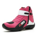 BOTA MOTOCICLISTA FEMININA EM COURO LEGÍTIMO NAS CORES ROSA COM BRANCO AS95