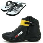 BOTA MOTOCICLISTA COURO LEGÍTIMO NA COR PRETO COM AMARELO ATRON SHOES AS95 KIT CHINELO