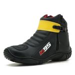 BOTA MOTOCICLISTA COURO LEGÍTIMO NA COR PRETO COM AMARELO ATRON SHOES AS95 KIT CHINELO