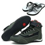 Kit Tênis motociclista cano alto cinza em couro legítimo e refletivo 310 Chinelo