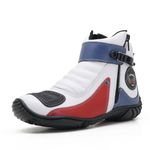 Bota motociclista Atron Shoes em couro legítimo nas cores branco azul e vermelho 271