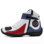 Bota motociclista Atron Shoes em couro legítimo nas cores branco azul e vermelho 271