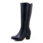 Bota cano alto Plus size com elástico ajustável de na panturrilha couro legítimo fecho com dois zíperes na cor Preta 9208
