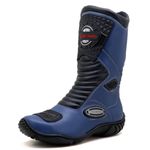 Bota motociclista cano médio couro legítimo semi-impermeável com ajuste em velcro na panturrilha nas cores azul/preto 420