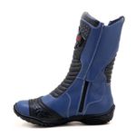 Bota motociclista cano médio couro legítimo semi-impermeável com ajuste em velcro na panturrilha nas cores azul/preto 420