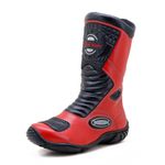 Bota motociclista cano médio couro legítimo semi-impermeável com ajuste em velcro na panturrilha nas cores vermelho/preto 420