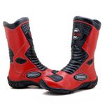 Bota motociclista cano médio couro legítimo semi-impermeável com ajuste em velcro na panturrilha nas cores vermelho/preto 420