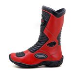 Bota motociclista cano médio couro legítimo semi-impermeável com ajuste em velcro na panturrilha nas cores vermelho/preto 420