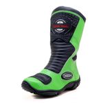 Bota motociclista cano médio couro legítimo semi-impermeável com ajuste em velcro na panturrilha nas cores Verde/Preto 420